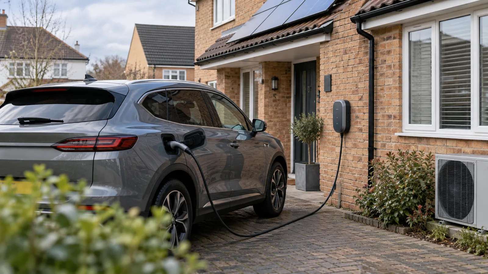 Electric vehicle plugged into wall charger at UK home