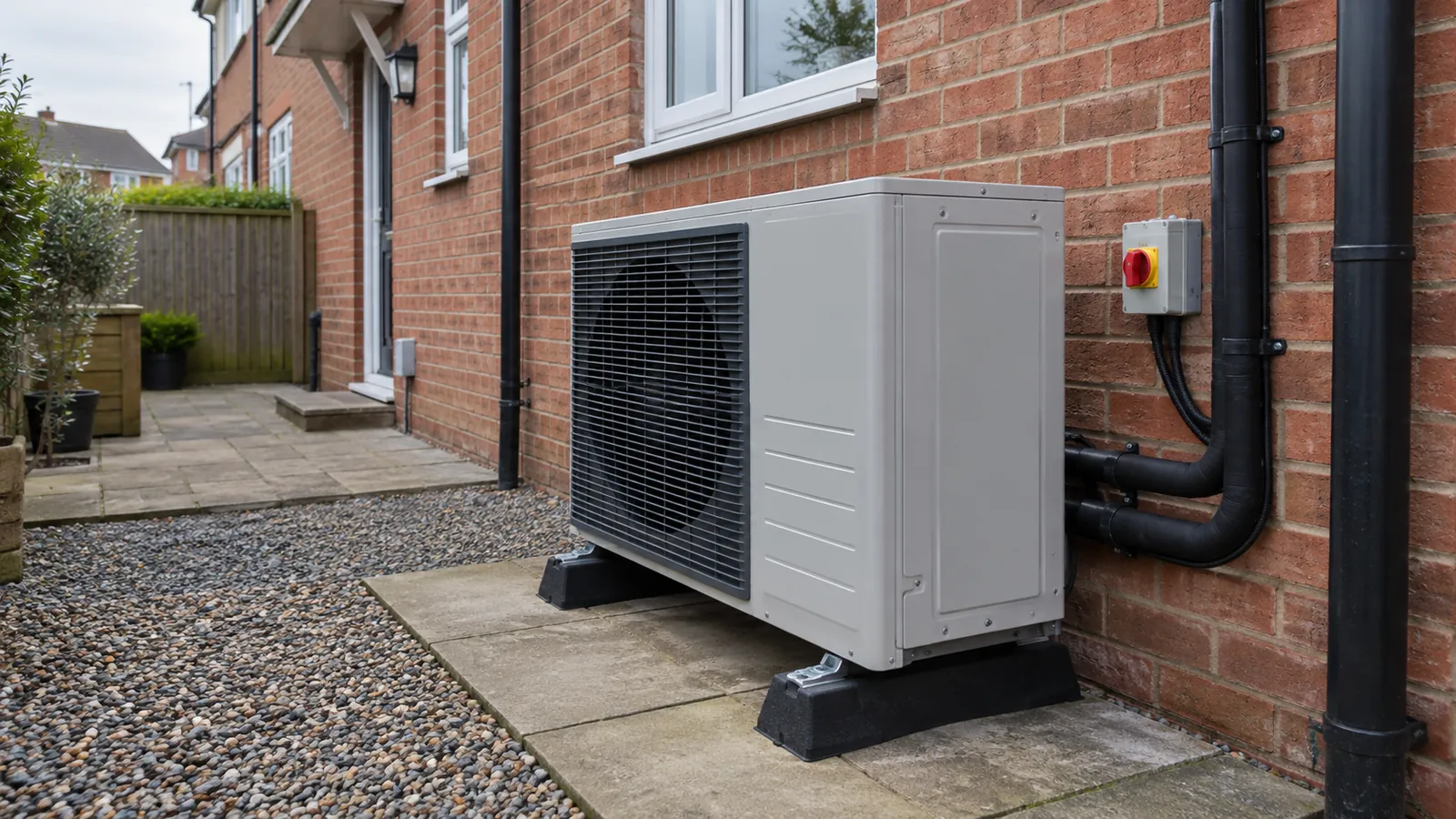 Finished outdoor air-source heat pump beside UK brick house