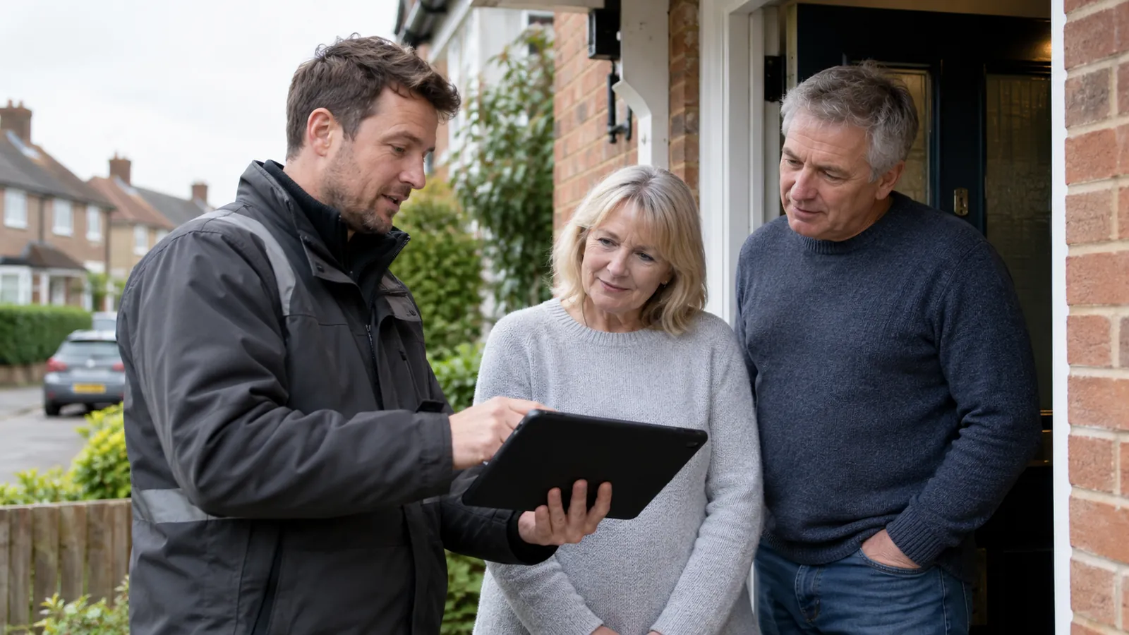 Home energy adviser speaking to residents outside their ordinary UK home