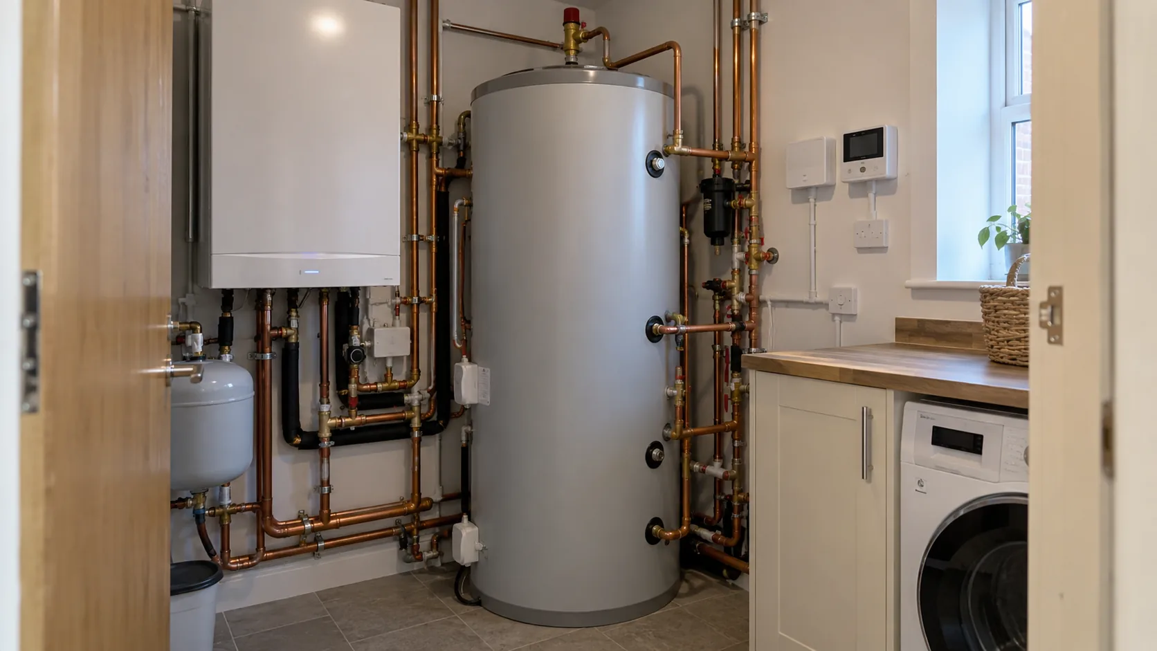 Hot water cylinder and associated pipework inside a domestic utility room