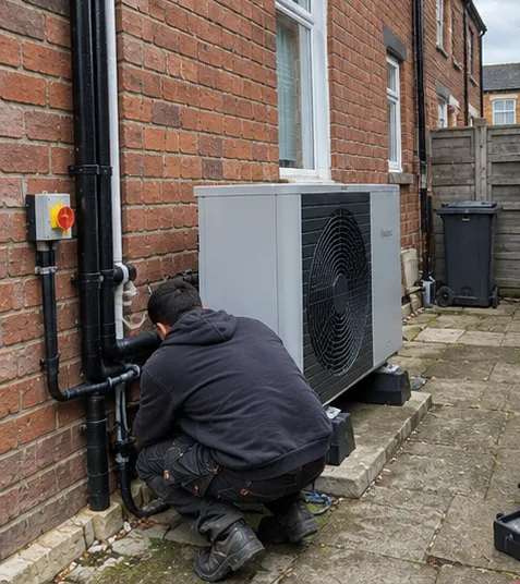 Installer connecting an outdoor air-source heat pump beside a brick terraced property
