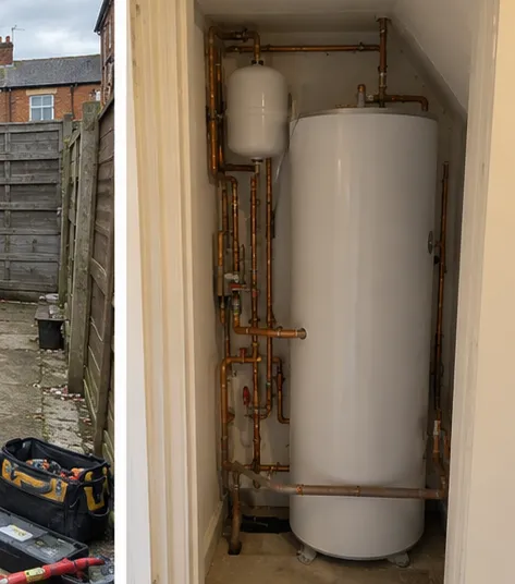 Domestic hot-water cylinder installed inside a cupboard with copper pipework and expansion vessel