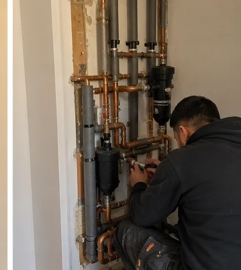 Installer completing insulated indoor pipework and heating-system components