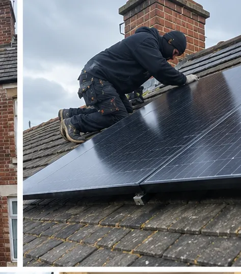 Solar installer securing a photovoltaic panel to roof mounting equipment
