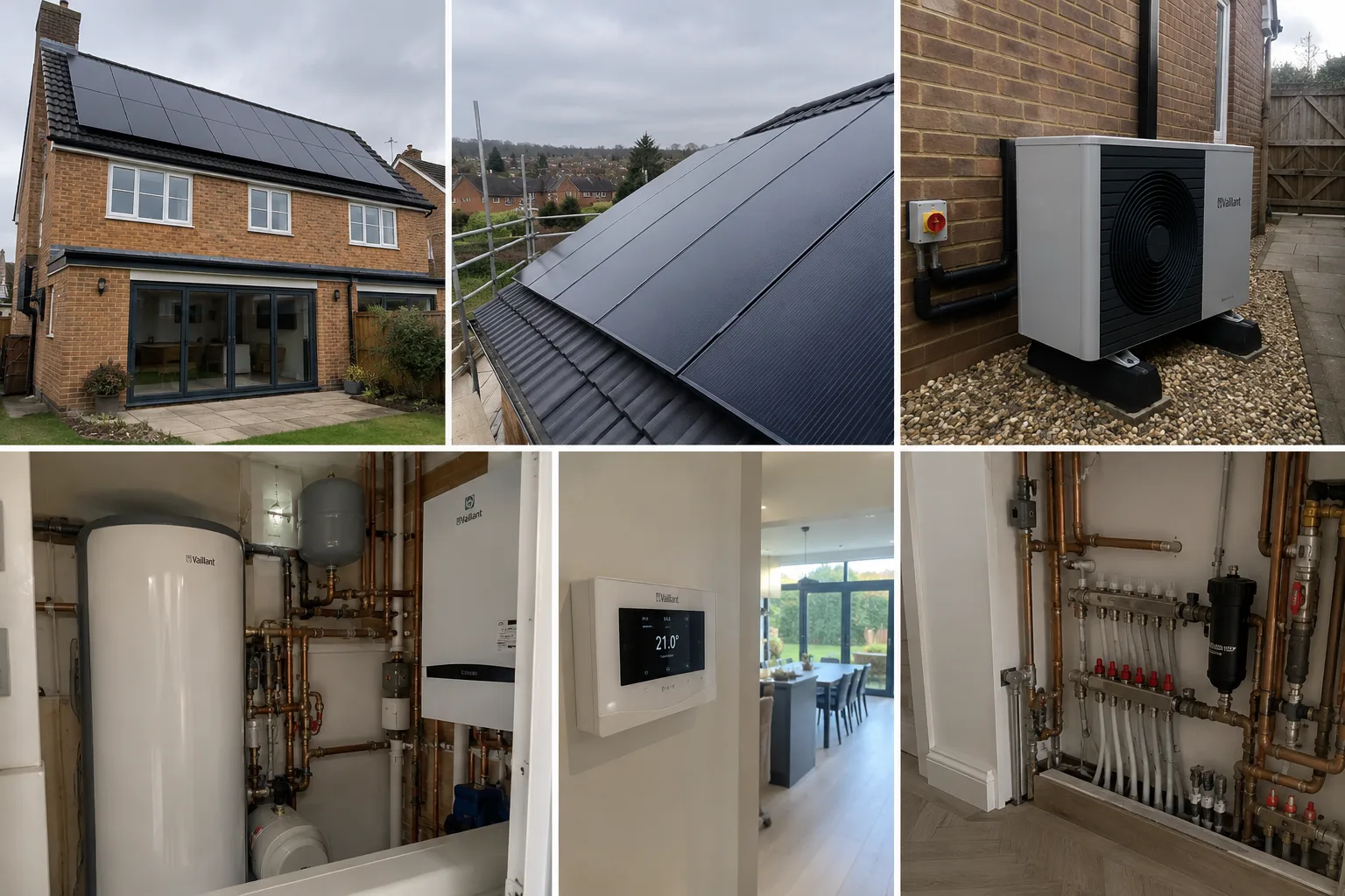 Solar panels, air-source heat pump, hot-water cylinder, controls and indoor pipework in a completed home energy installation