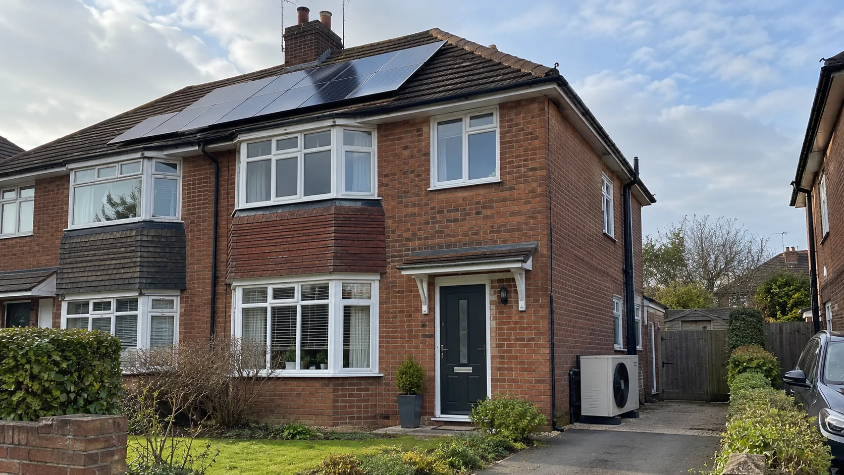 Ordinary British semi-detached home with solar panels