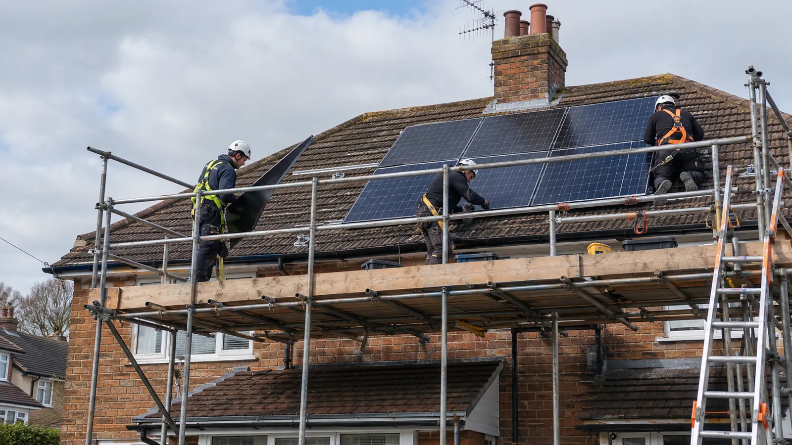 Solar installers fitting panels on a UK brick house with scaffolding