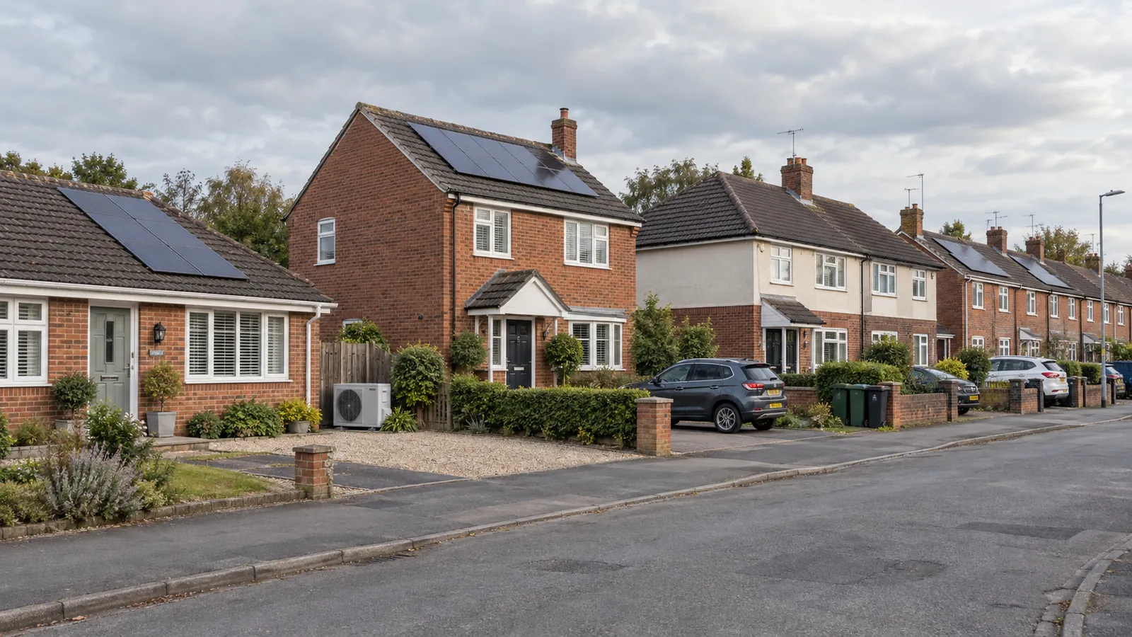 Typical UK street with mixed home types and solar rooftop panels